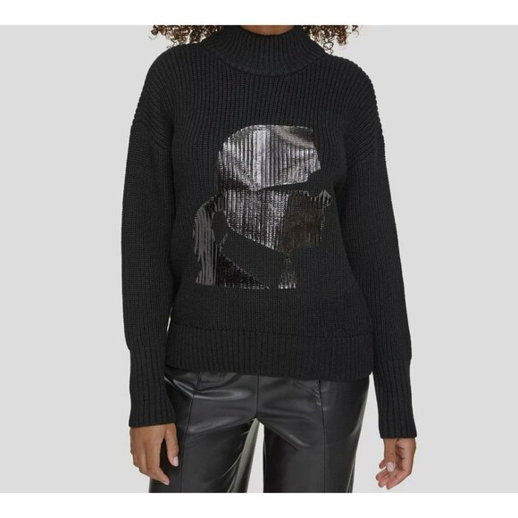 Karl Lagerfeld Paris Womens Black Mock-Neck Sweater W/ Metallic Karl Icon Graphi - Picture 9 of 10